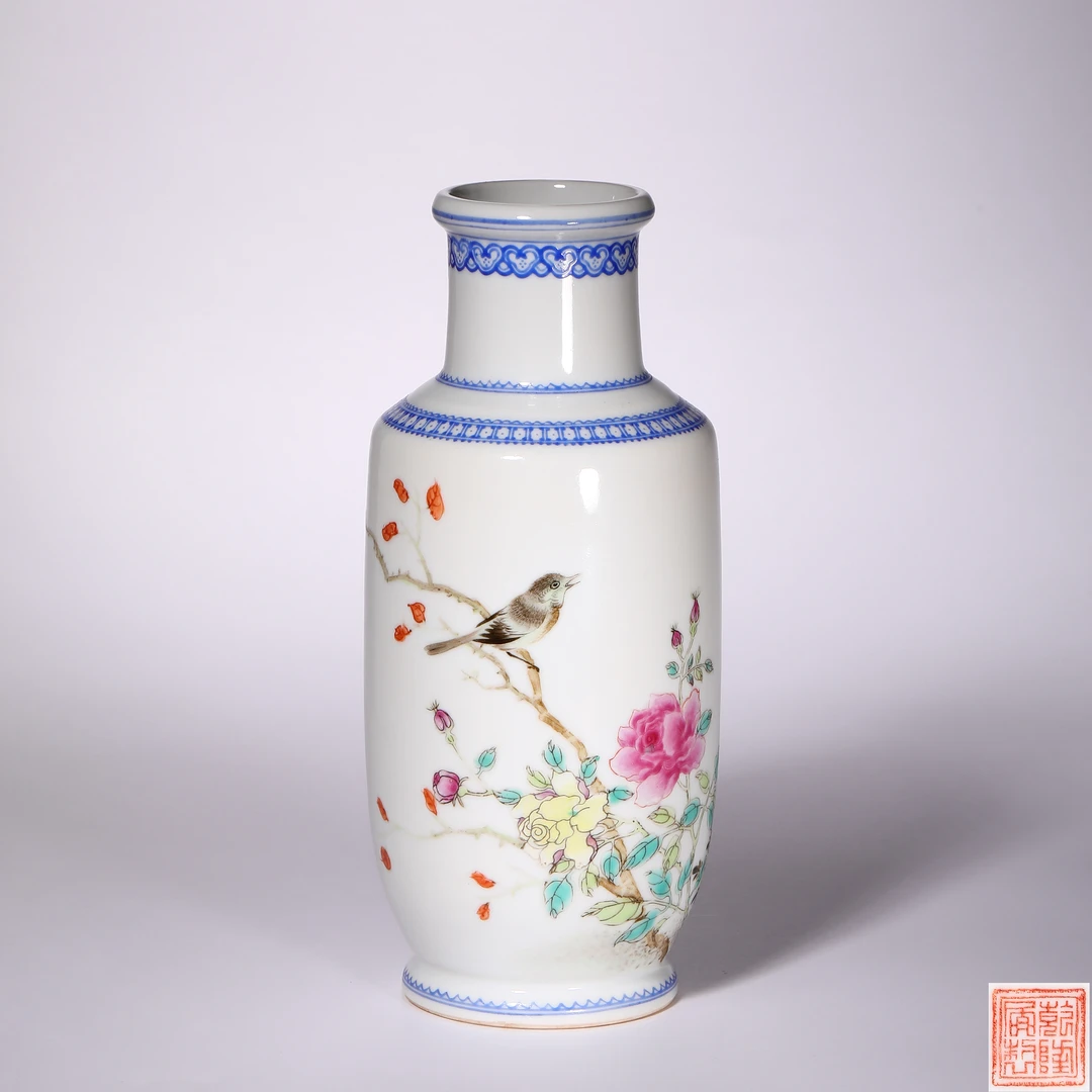 9763 民国 粉彩花鸟诗文棒槌瓶