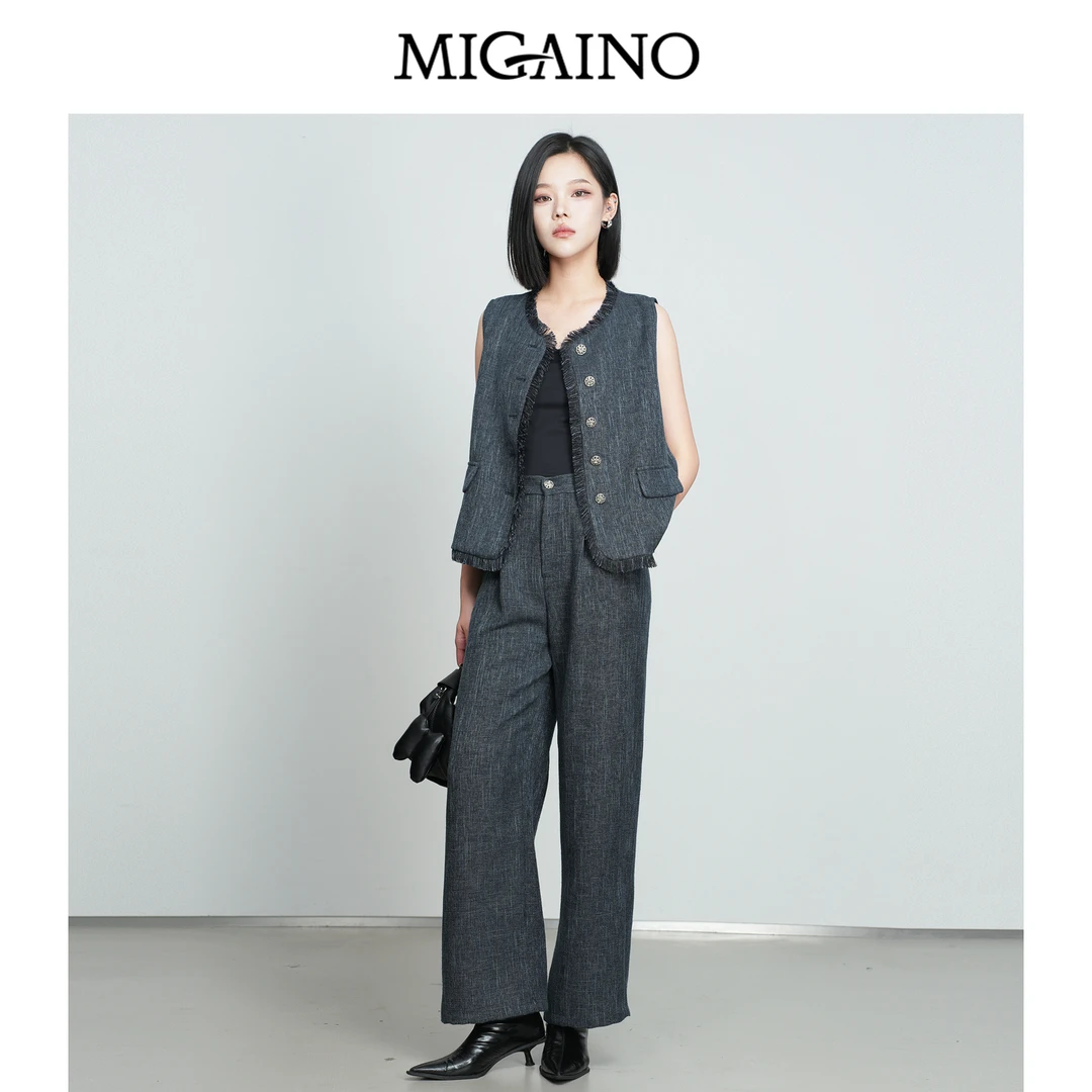 Migaino/曼娅奴秋季新款老风时尚流苏设计感马甲休闲裤套装