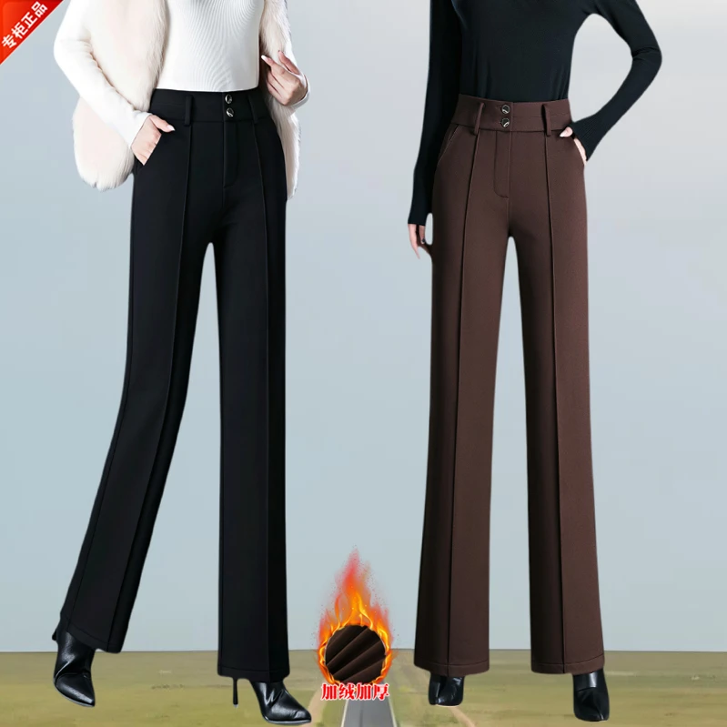 正品秋冬休闲裤女爆款2025新款高腰宽松显瘦高级感加绒直筒阔腿裤