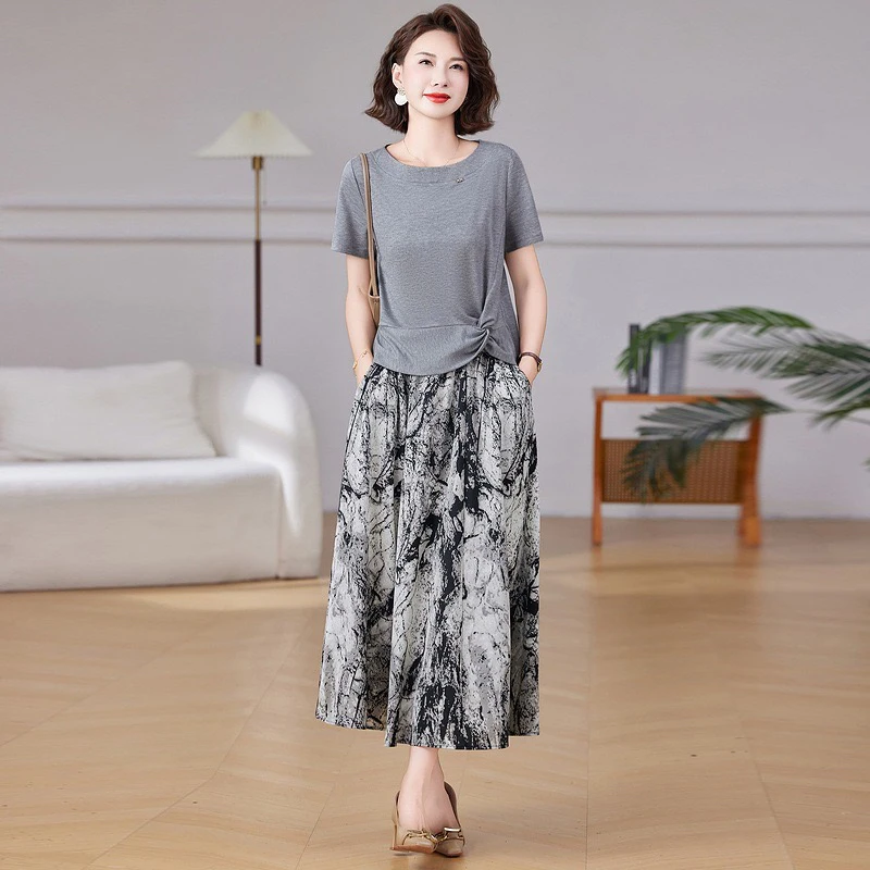 年轻妈妈夏季洋气时尚短袖半身裙套装