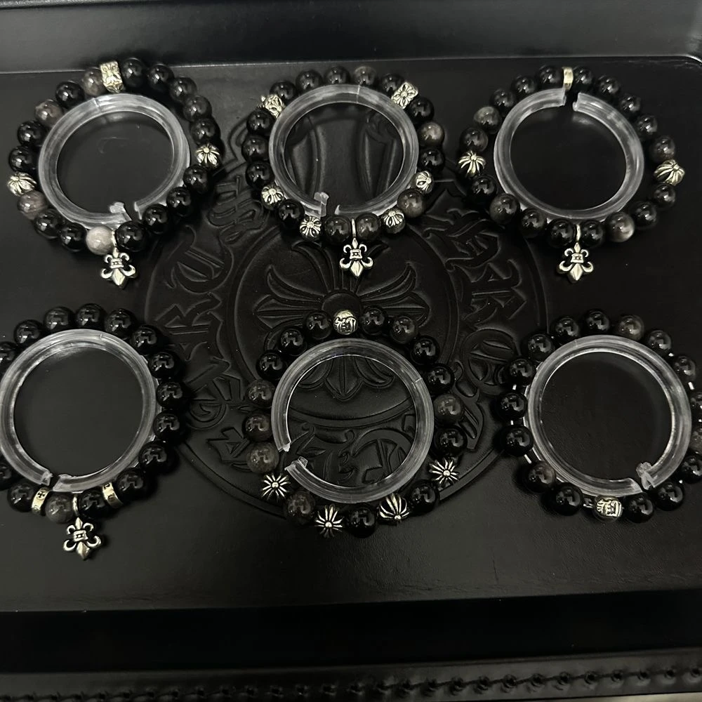 925银手链 克罗心复古做旧十字架银曜石手串嘻哈男女手链情人礼物