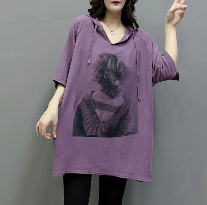 2025新款休闲简约女孩印花连帽轻薄舒适透气百搭时尚休闲T恤5561