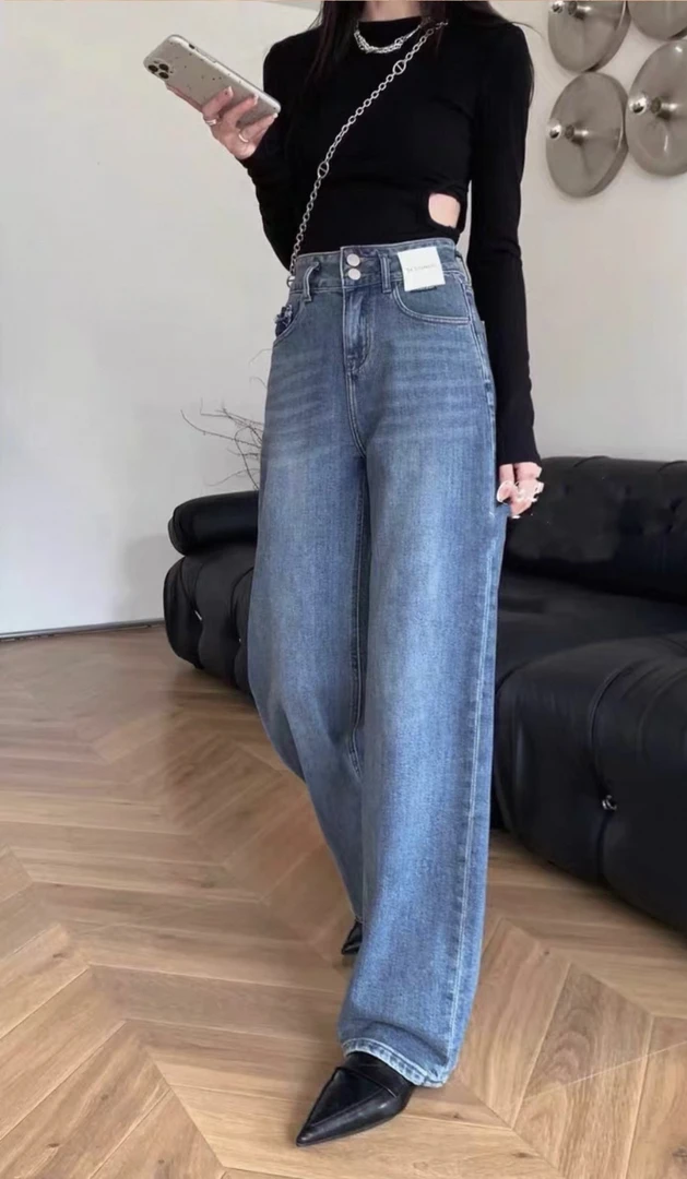 春秋BASHA香港花牌芭莎欧货韩版薄款袋口阴影拖地直筒牛仔裤