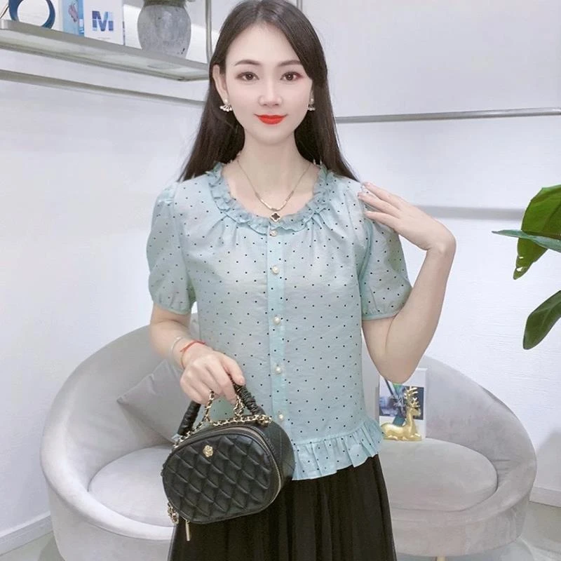 时尚衬衫女2025夏季新款洋气显瘦设计感减龄波点印花短袖百搭上衣