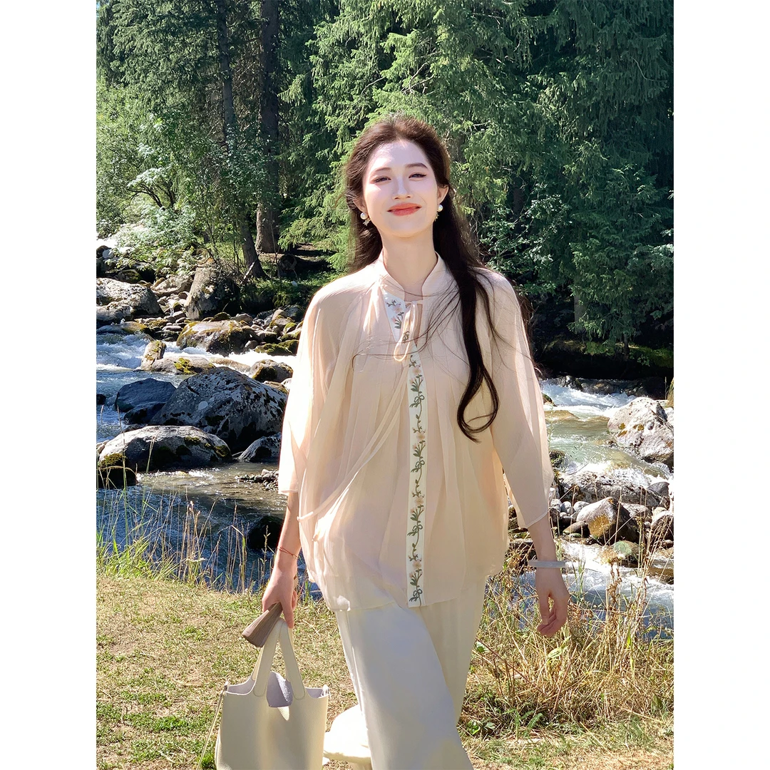 凌茜恣禾【粉羽梦】国风新中式橘粉色雪纺刺绣立领气质温柔长袖衬衫