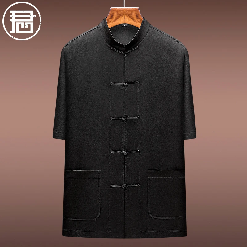 【福利】重缎香云纱男装40姆米中式盘扣短袖唐装衬衫真丝上衣国风