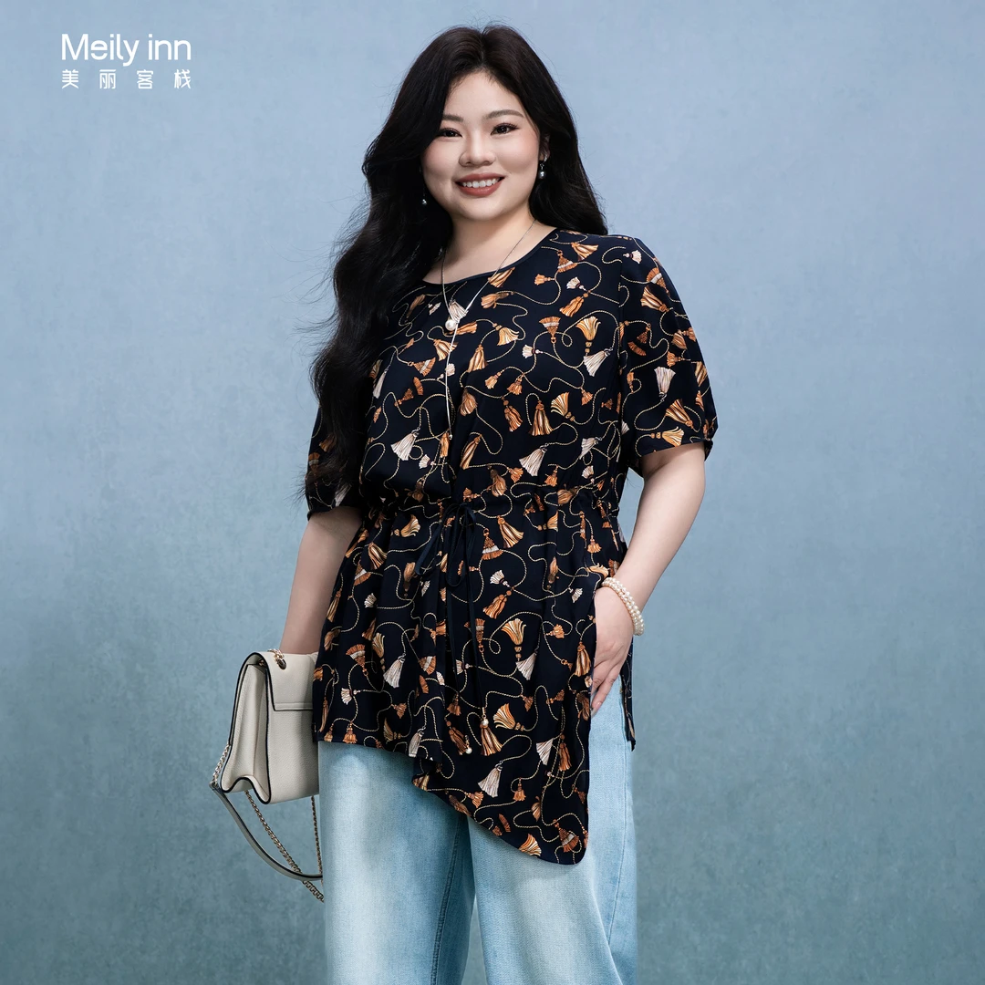 美丽客栈原创高端大码女装胖mm加肥加大垂感短袖印花系带圆领衬衫