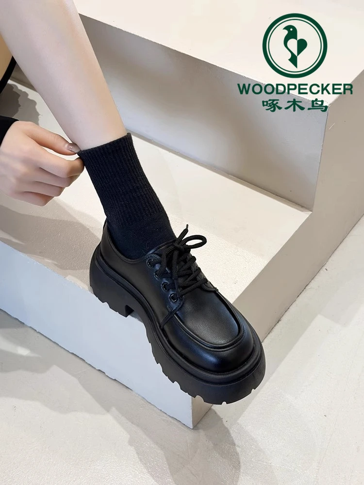 啄木鸟厚底小皮鞋女款2025新款春秋季玛丽珍百搭乐福鞋黑色jk单鞋