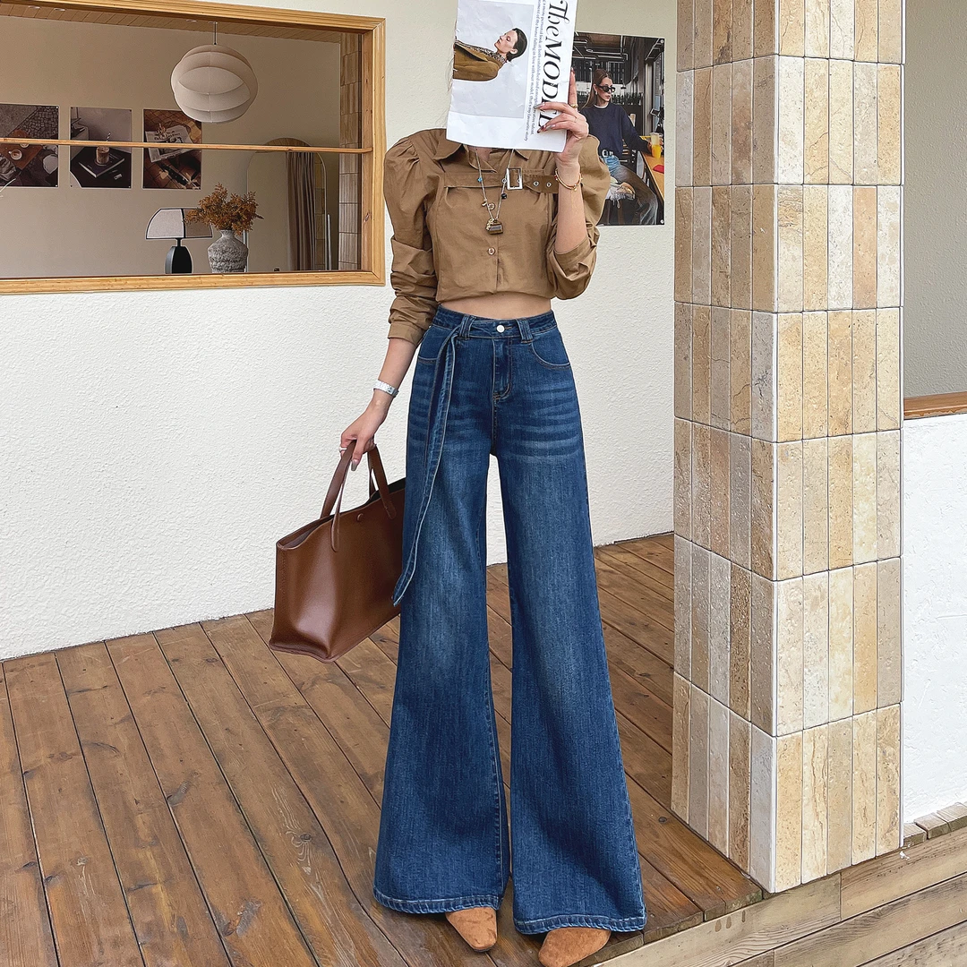 高腰阔腿裤牛仔裤女2025秋季网红腰带新款弹力宽松直筒显瘦潮7935
