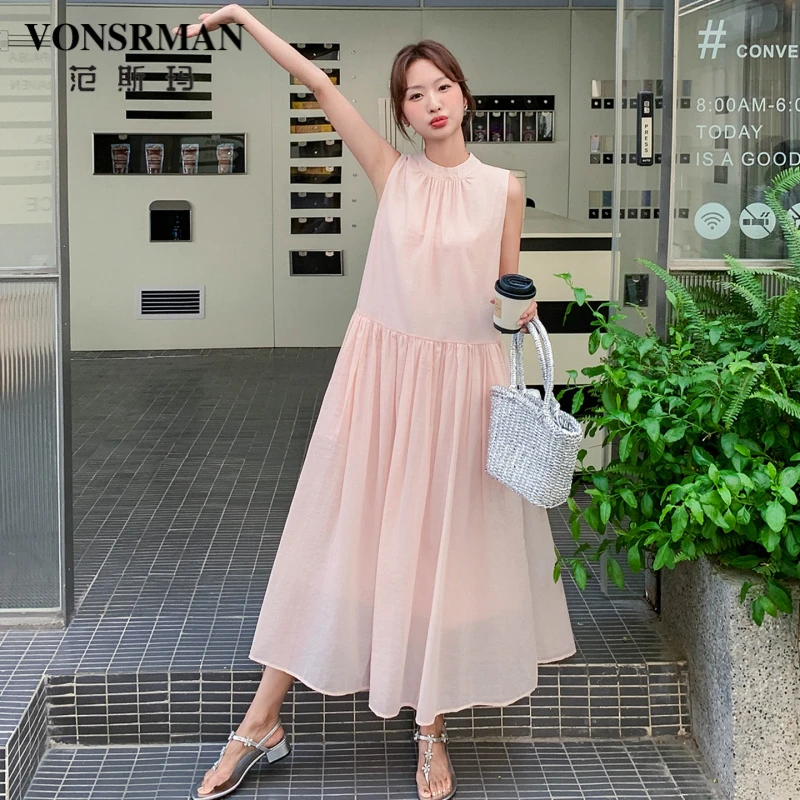 度假风减龄连衣裙粉色女夏季新款法式温柔风显瘦雪纺无袖轻薄长裙