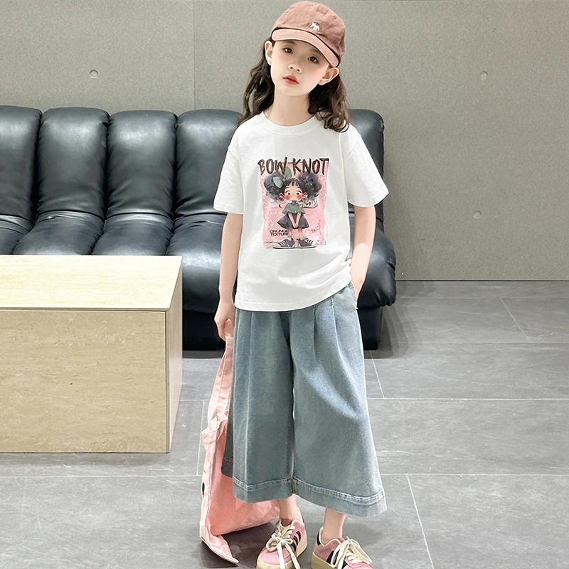 女孩八分裤套装洋气女童T桖宽松裤两件套2025新款套装
