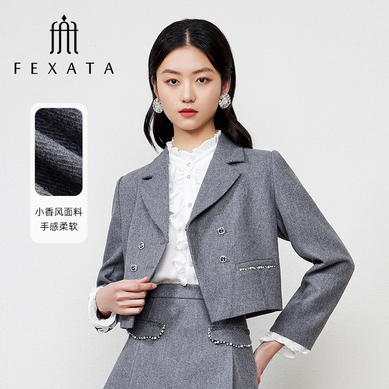 【达人专属】FEXATA斐格思灰色双排扣西装短外套女