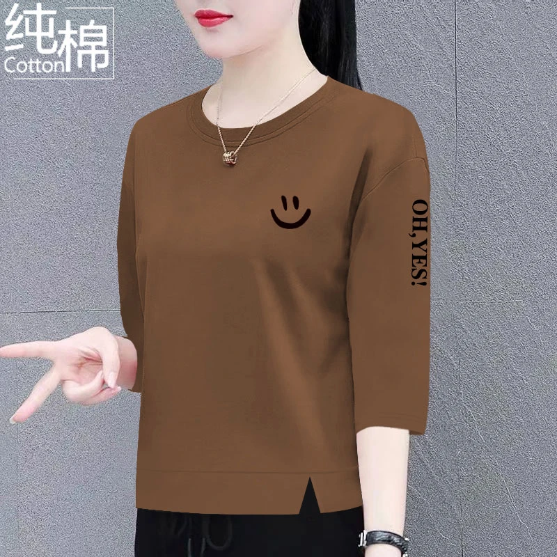 纯棉七分袖t恤女中年妈妈装夏季新款洋气宽松显瘦遮肚上衣女体恤