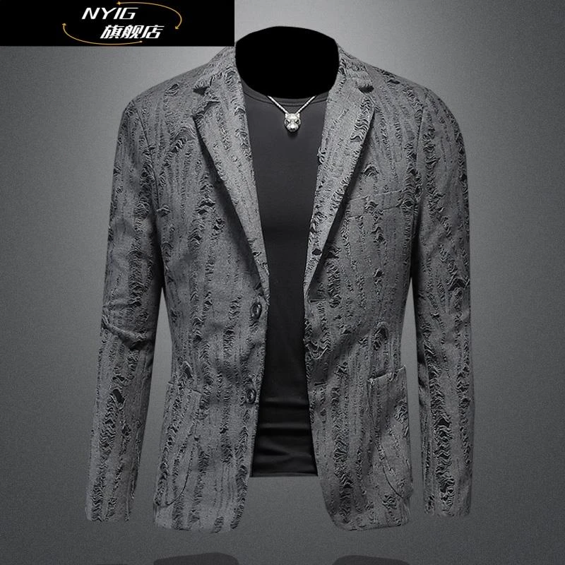 NYIG外套毒液褶皱提花西服男士潮春秋季新款单西修身韩版西装休闲