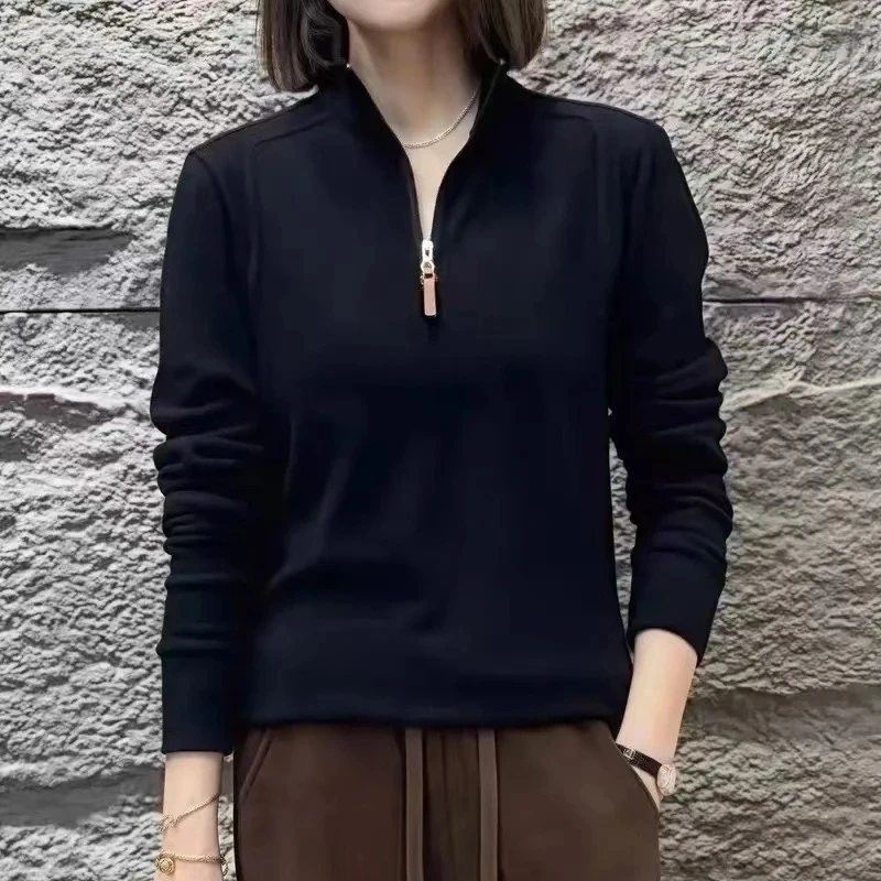 秋冬季德绒拉链打底衫立领长袖T时尚显瘦女士上衣外穿女