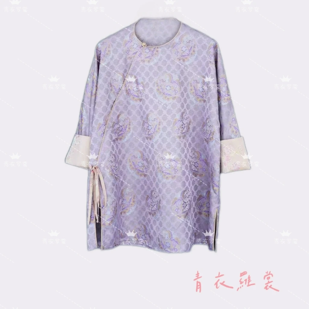 百分桑蚕丝异色罗马卡龙紫色夏季透气复古偏襟显瘦中袖姐姐服上衣