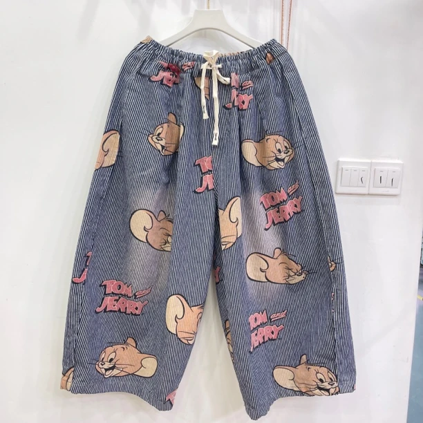 491欧货条纹牛仔印卡通（杰瑞）图案大版八分牛仔裤女