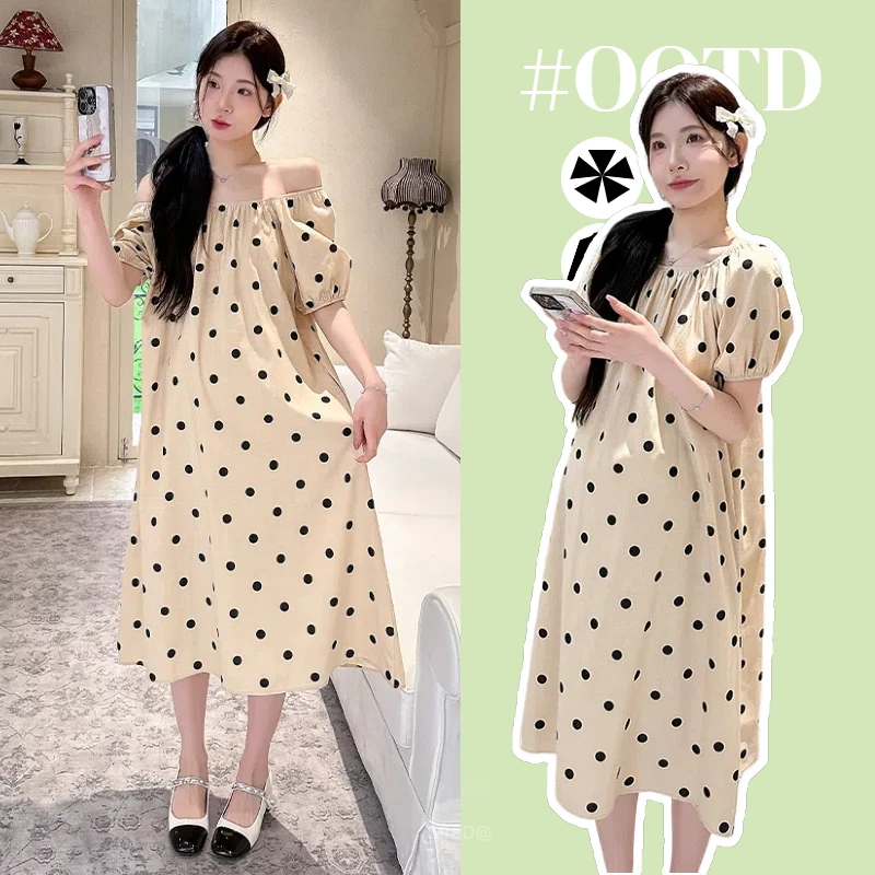 韩版棉麻波点孕妇连衣裙女夏2025新款小个子宽松遮肚气质显瘦长裙