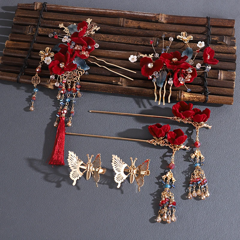 中式秀禾头饰发簪汉服流苏新款红色古风步摇结婚发饰新娘饰品配饰
