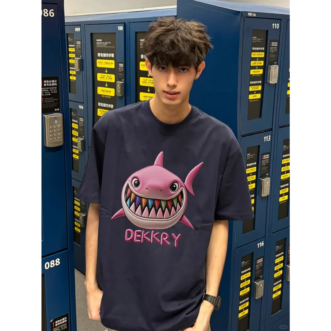 100%纯棉美式创意粉色鲨鱼字母印花短袖T恤夏季男女休闲情侣上衣