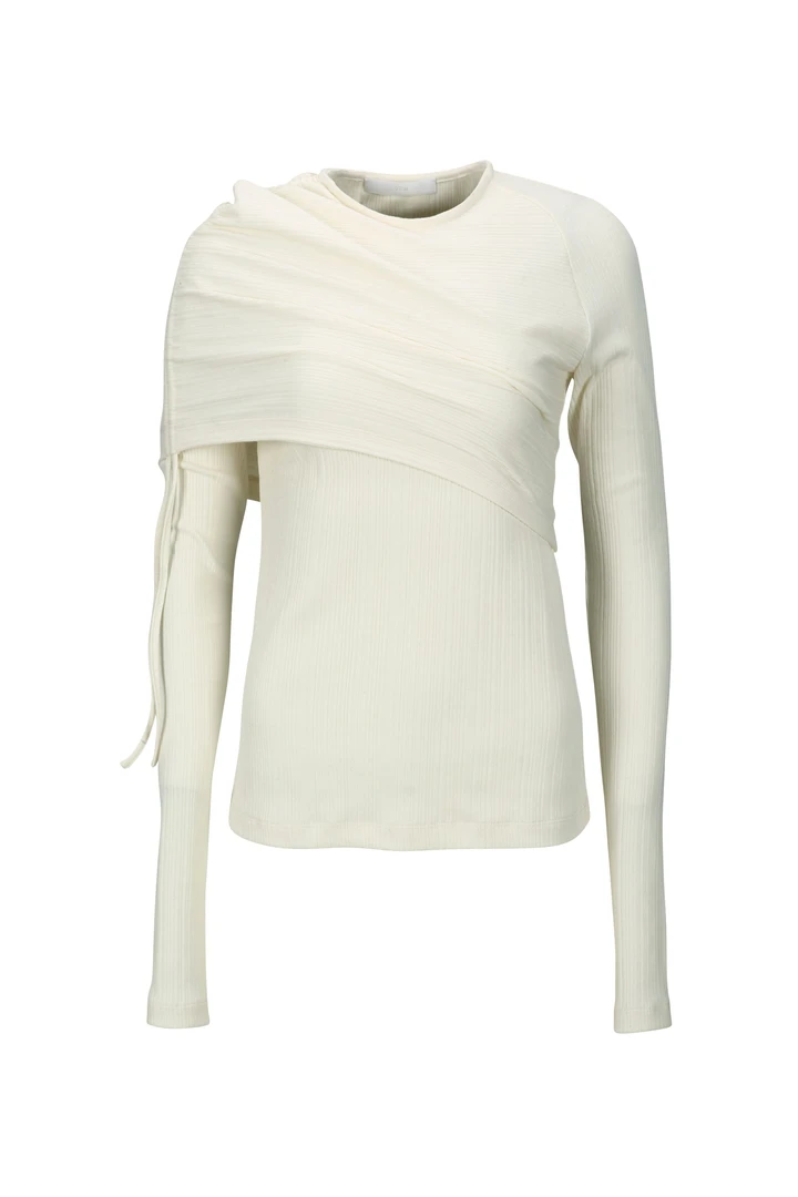 ych 25新款米色不规则包肩上衣时尚圆领