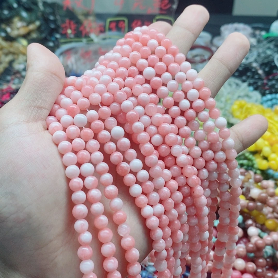 未镶嵌玛瑙/玉髓珠宝半成品一条天然6mm粉玉髓圆珠