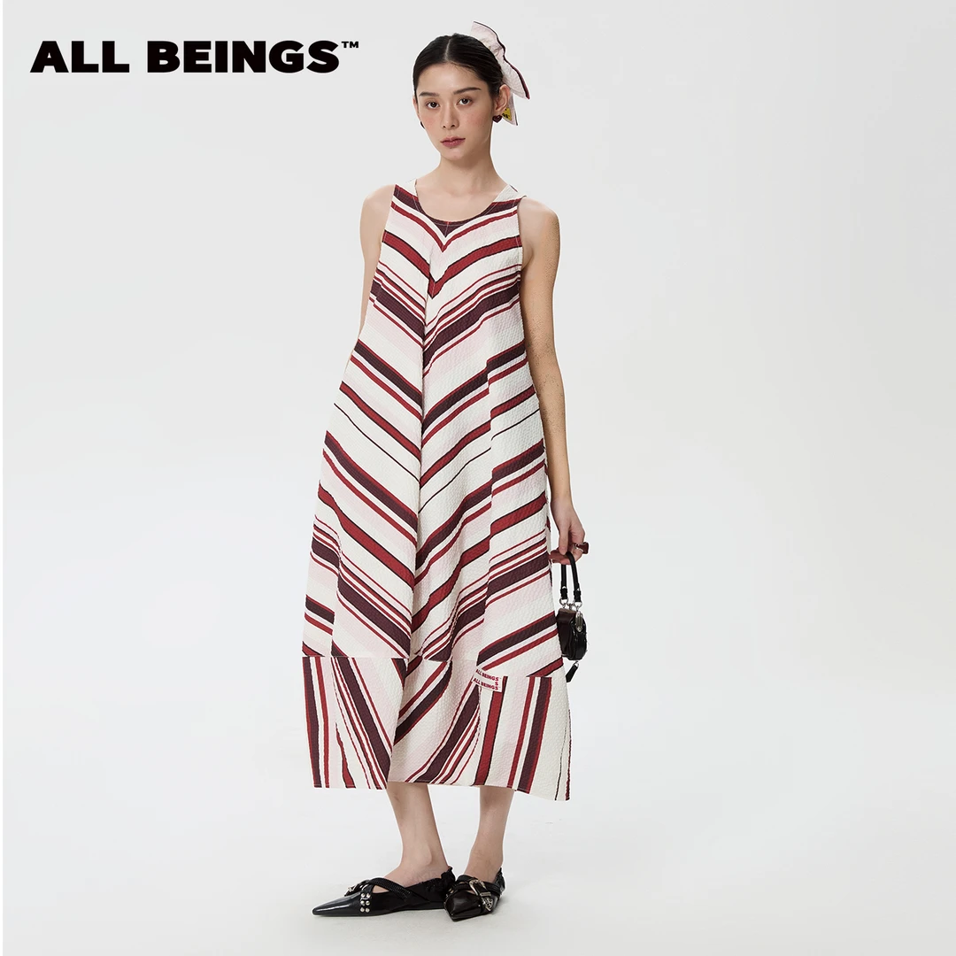 ALL BEINGS25年春夏设计师新款红色条纹空气感吊带时尚连衣裙女