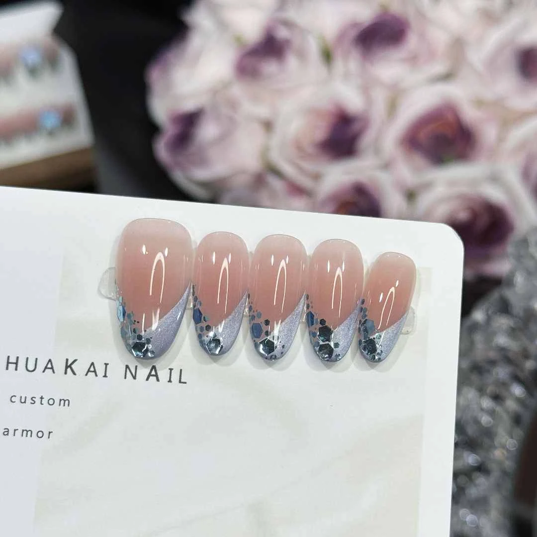 【威尼斯】显白美甲蓝猫眼亮片交叉法式美甲8060401 纯手工穿戴甲