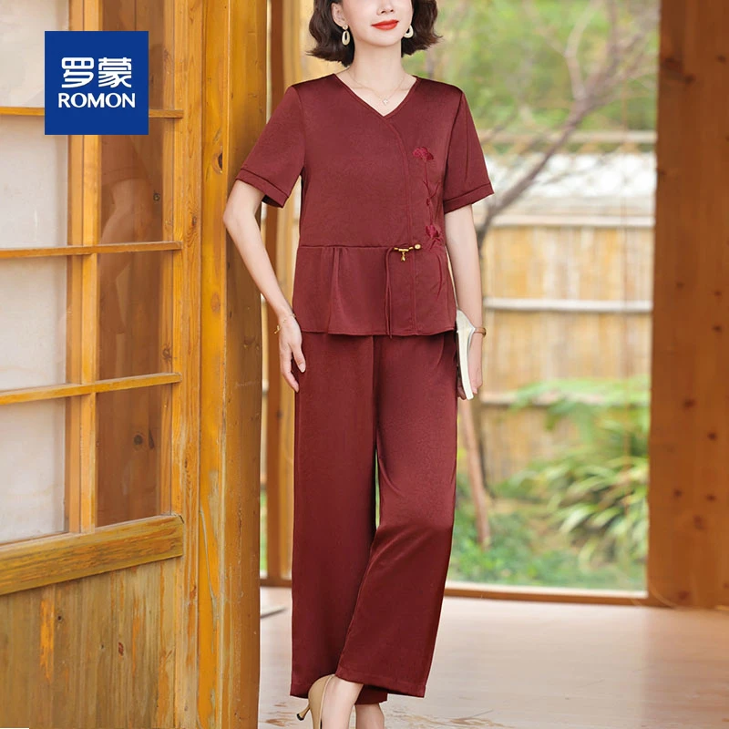 罗蒙中年妈妈夏装国风短袖套装2025新款时尚中老年女装小衫上衣服