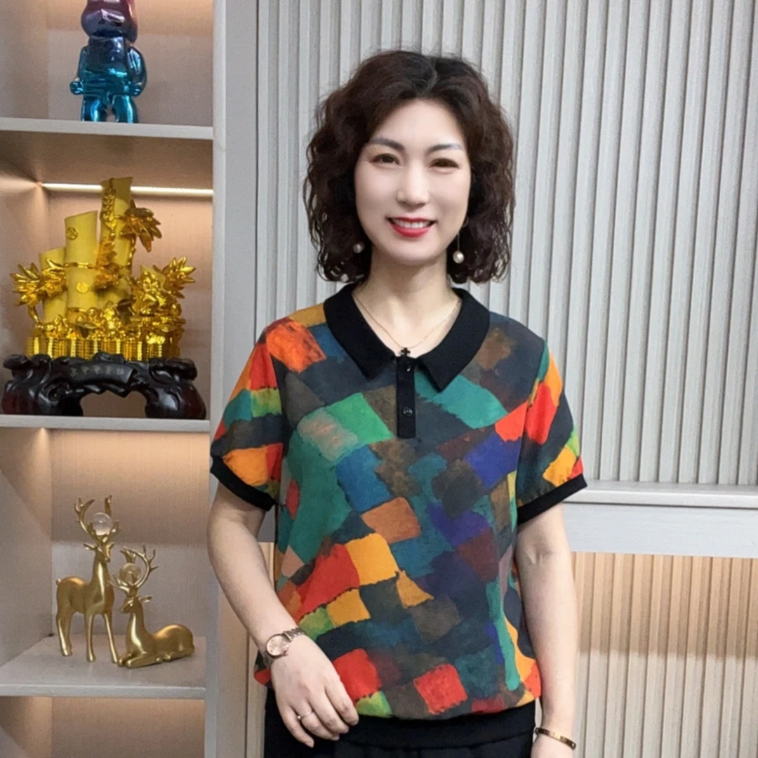 妈妈装流行欧若拉时尚潮牌女装宽松夏装女士独特漂亮小衫休闲短袖