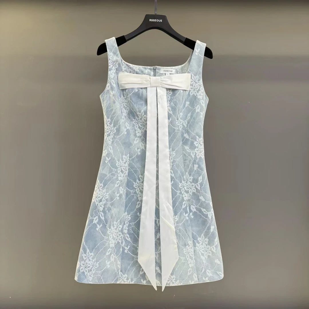 法式温柔风蝴蝶结飘带连衣裙重工刺绣无袖吊带裙女气质时尚夏季