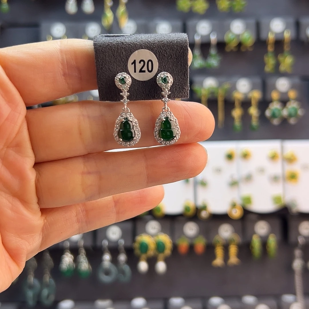 翡翠足银镶嵌耳饰通体纯银天然a货翡翠葫芦耳坠