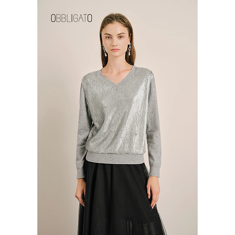 OBBLIGATO奥丽嘉朵秋冬1C34506070珠片V领绵羊毛毛