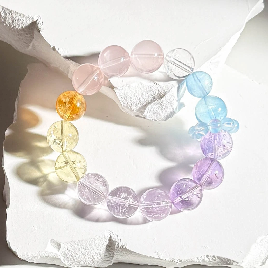 天然高品质多宝水晶手串粉水晶白水晶海蓝宝紫水晶黄水晶饰品手链