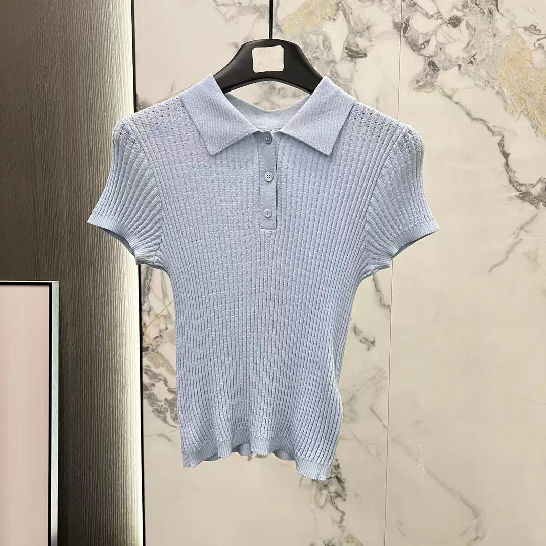 25S新款针织衫T恤!原厂订单!蓝色时尚休闲百搭夏季灰色翻领洋气