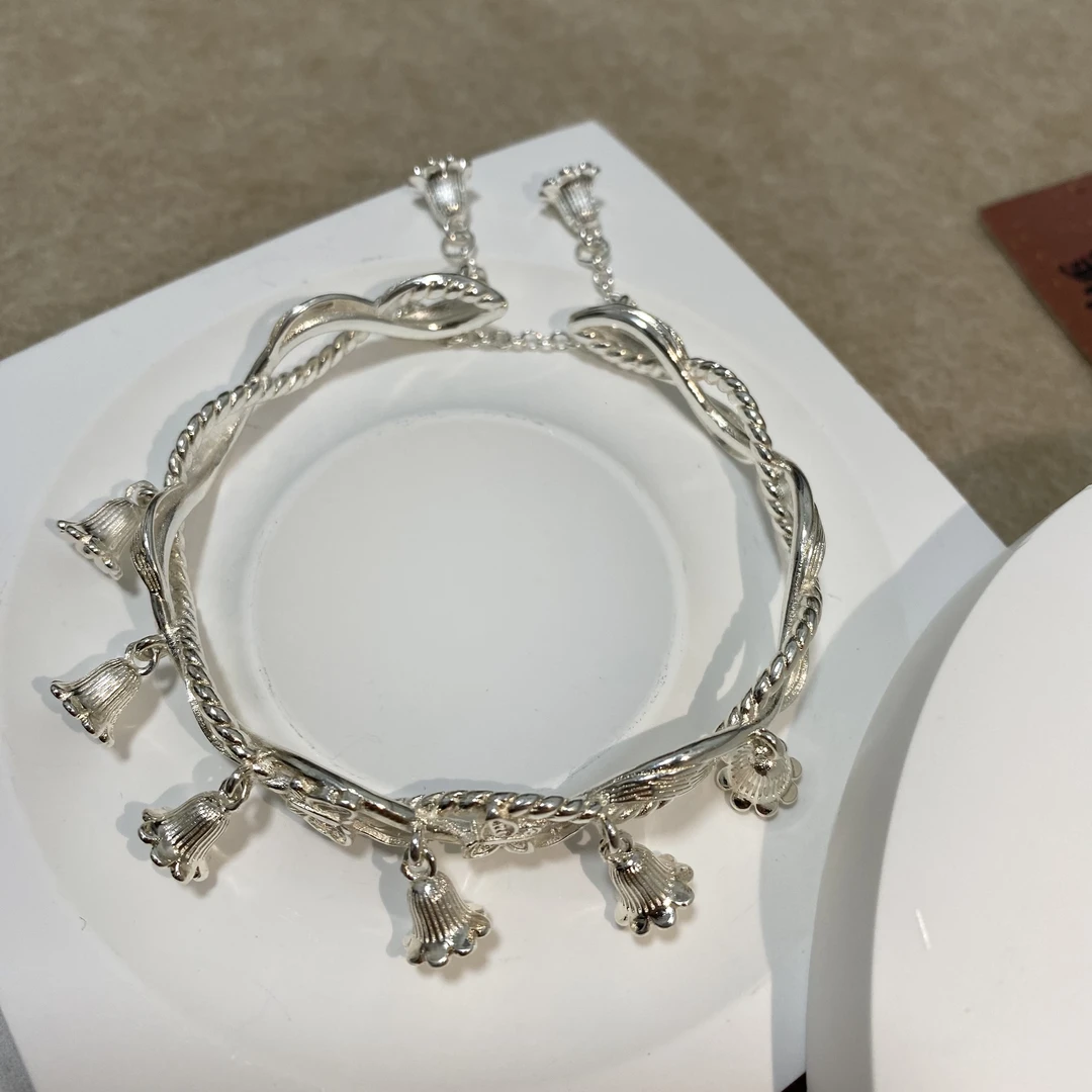 足银手镯 834 铃兰花开口手镯国风气质蝴蝶可调节手环