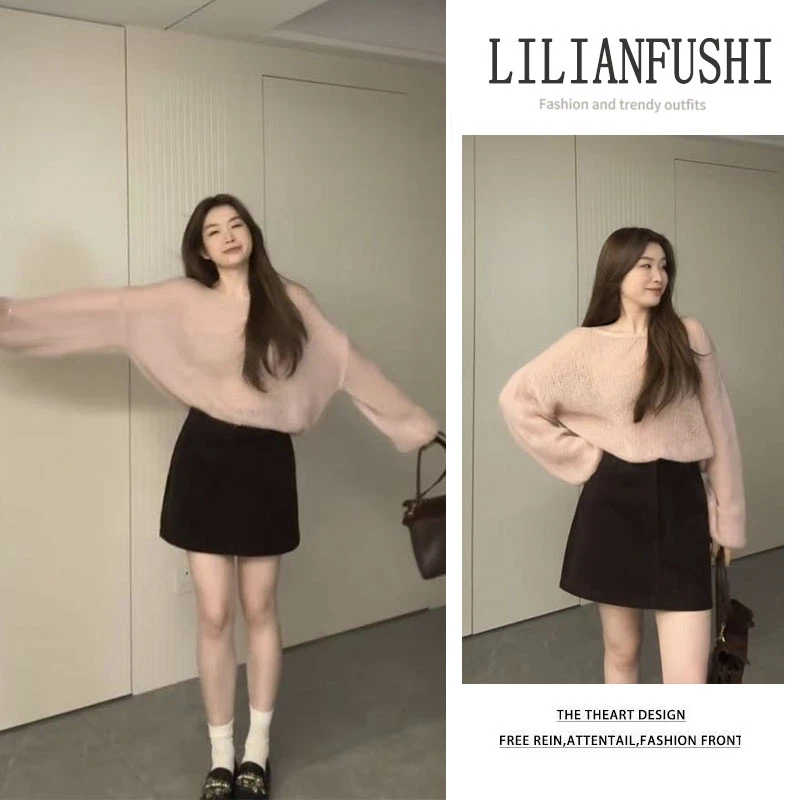 今年流行漂亮套装2025新款百搭宽松纯色长袖针织衫显瘦短裙两件套