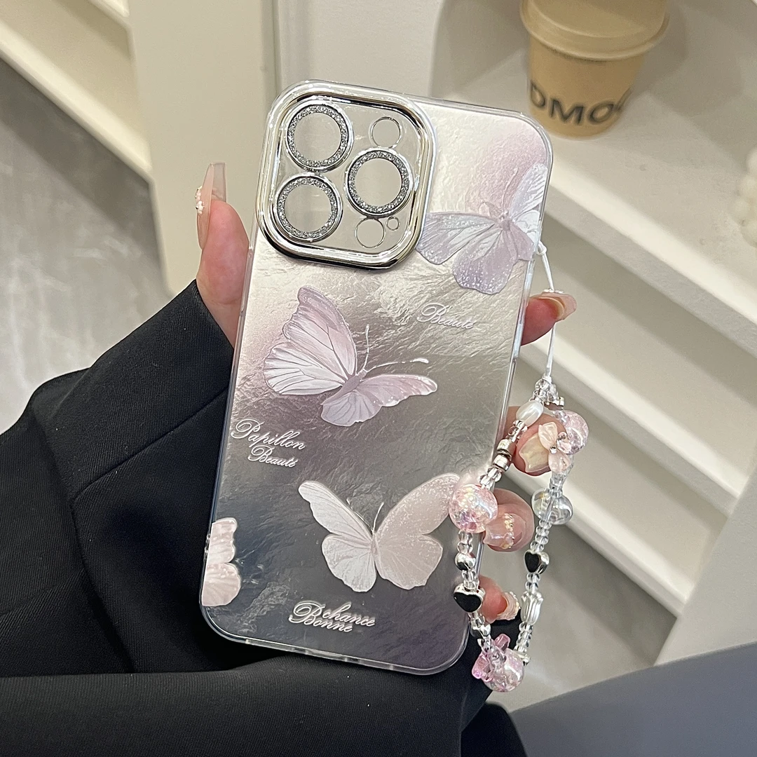 镜头膜晕染紫蝴蝶适用13苹果16手机壳iphone15promax全包14手链12