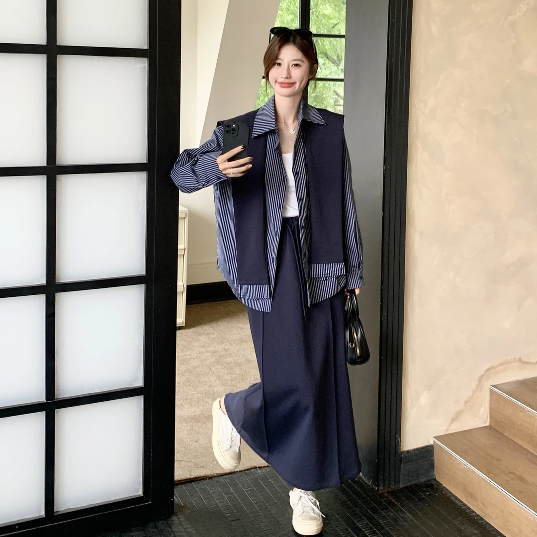 藏青色条纹学院风长袖衬衫套装裙女2025秋季减龄休闲半身裙两件套