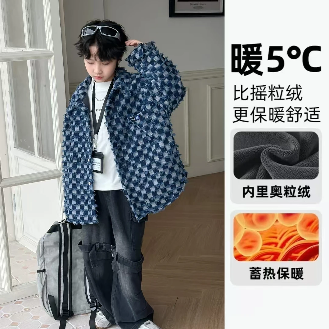 【加绒炸街定制款】男童秋冬外套加绒潮酷牛仔韩版洋气宽松上衣