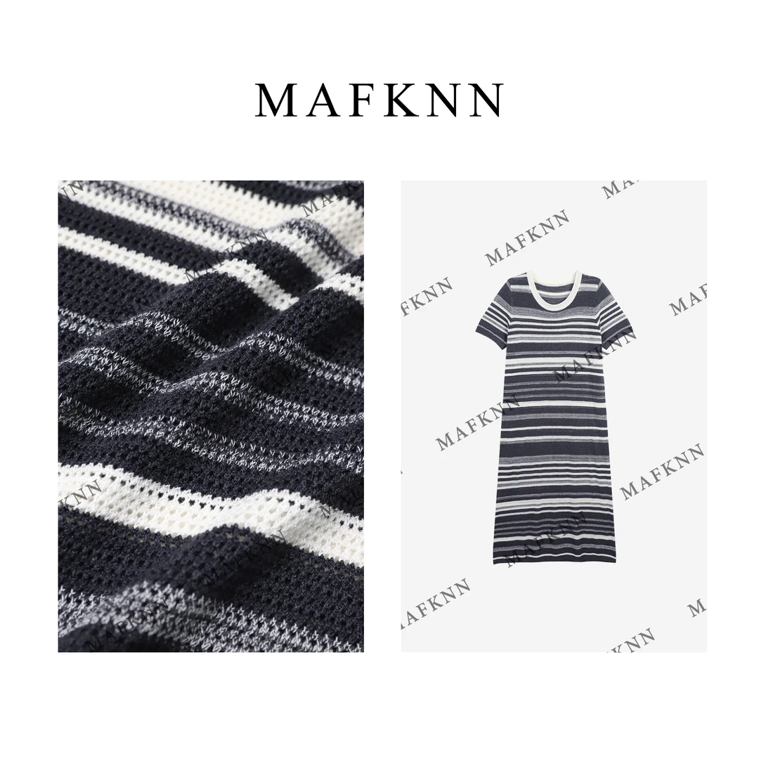 MAFKNN/玛肯时尚休闲简约纯色百搭圆领短袖条纹连衣裙MK12212