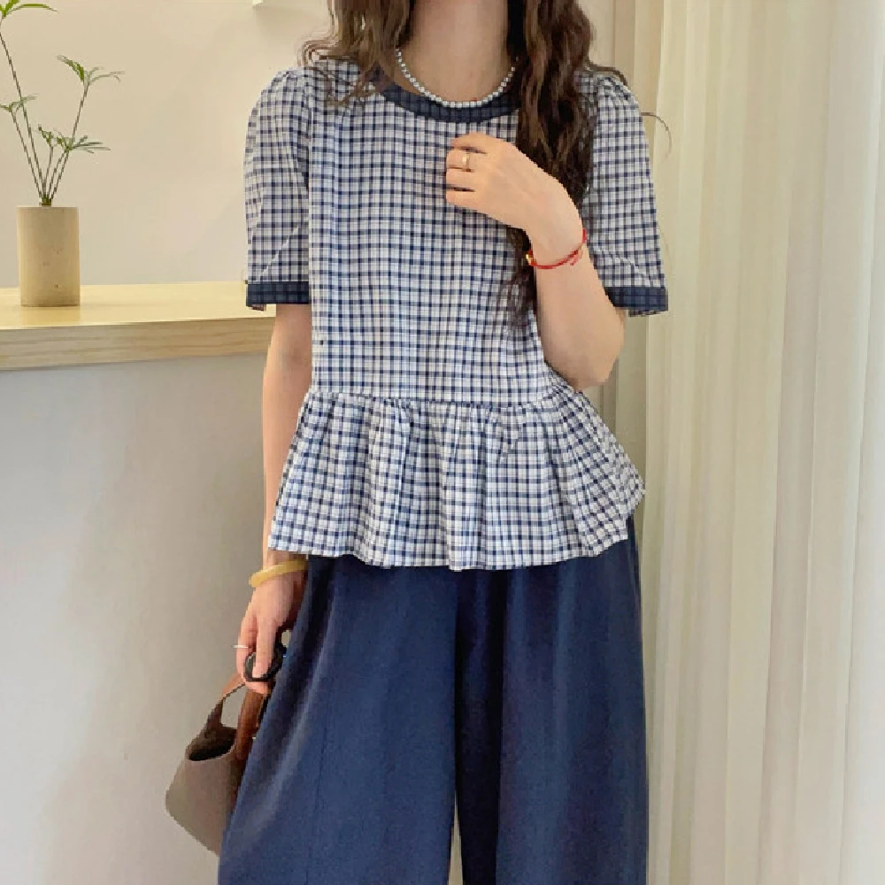 韩系撞色棉质减龄格子衬衫女士夏季薄款宽松系带袖口开叉休闲上衣