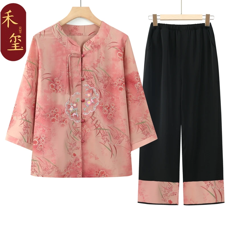 中老年女装气质妈妈装夏季薄款套装夏装衬衣奶奶新款老人宽松衣服