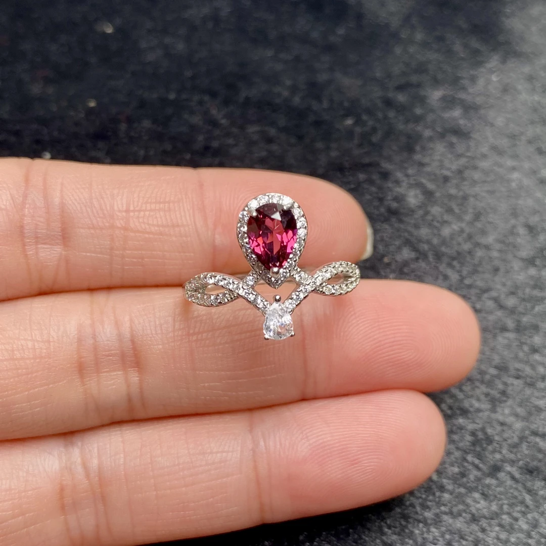 天然石榴石紫牙乌净体戒指女 S925银纯银镶嵌经典宝石女人石