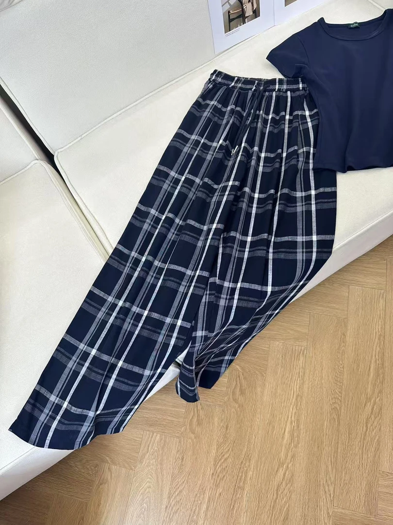 夏季ins复古格纹高腰显瘦气质阔腿拖地长裤H6826卡码拍大