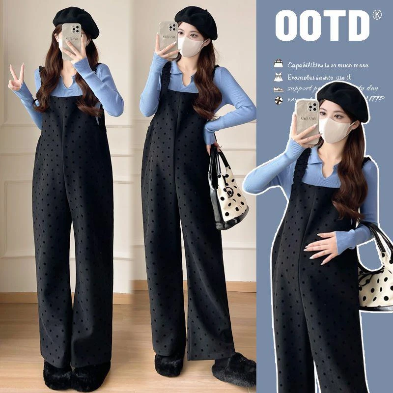 新品2025秋冬织波点辣妈背带裤+针织打底孕妇时尚两件套装大码
