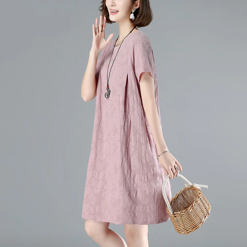 棉麻提花连衣裙中长款2025年新大码韩版休闲宽松短袖气质A字裙潮