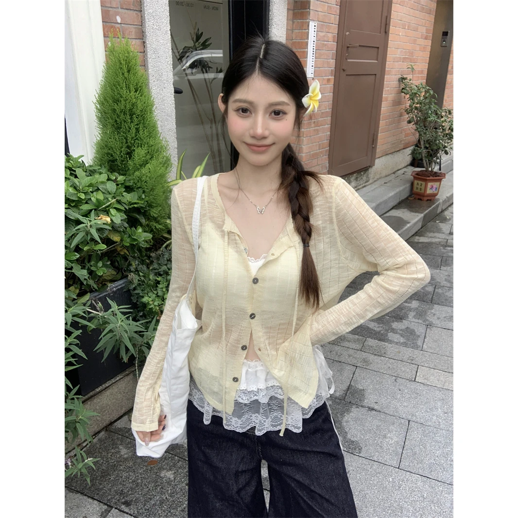 镂空系带长袖防晒针织开衫女夏季薄款外搭上衣网红外穿ins新款