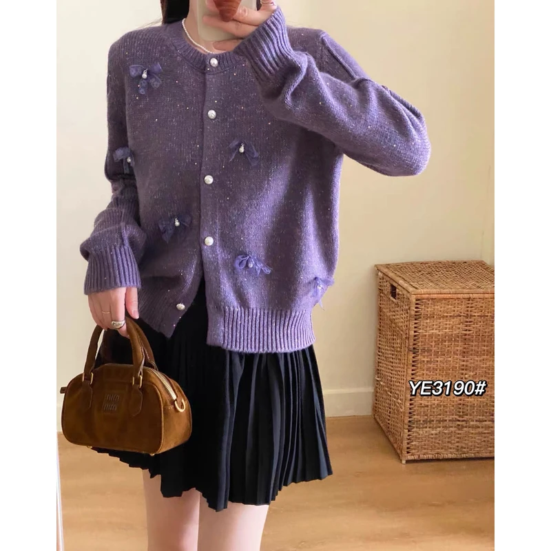 6451设计毛衣上衣蝴蝶结针织开衫女2025秋冬新款圆领宽松特种沙高