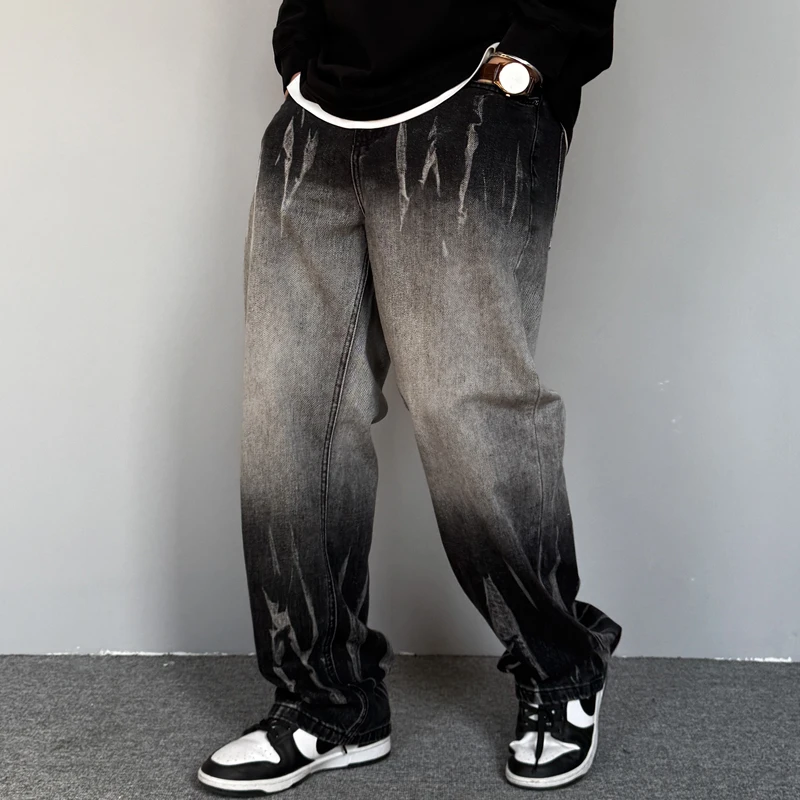 大码美式休闲痞帅设计感复古牛仔裤男直筒宽松高街潮流阔腿裤子